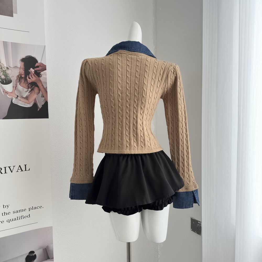 Splice colors knitted tops Pseudo-two unique cardigan