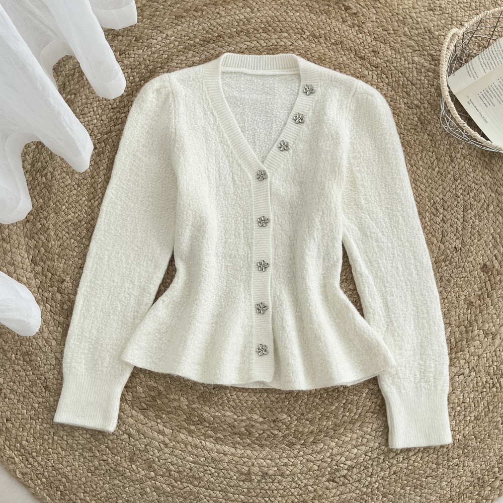 V-neck skirt hem cardigan pearl buckle tops for women