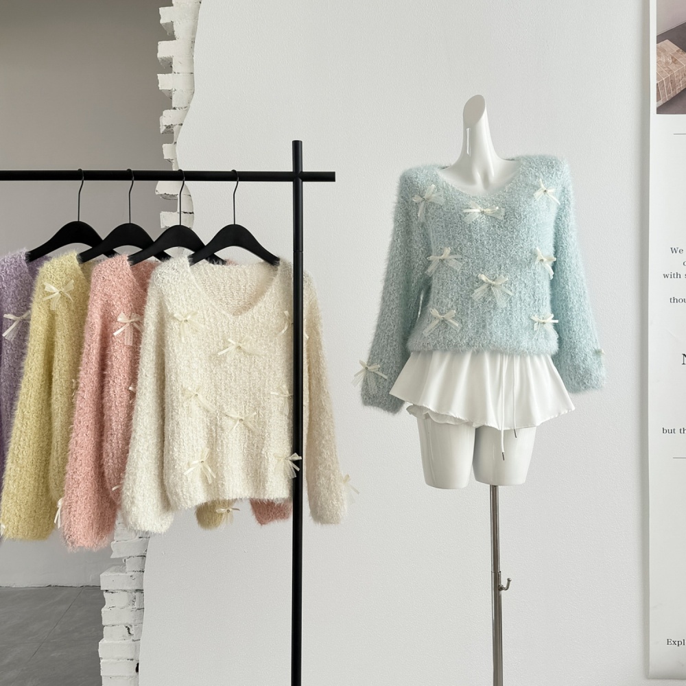 Sweet loose tops bow long sleeve sweater for women