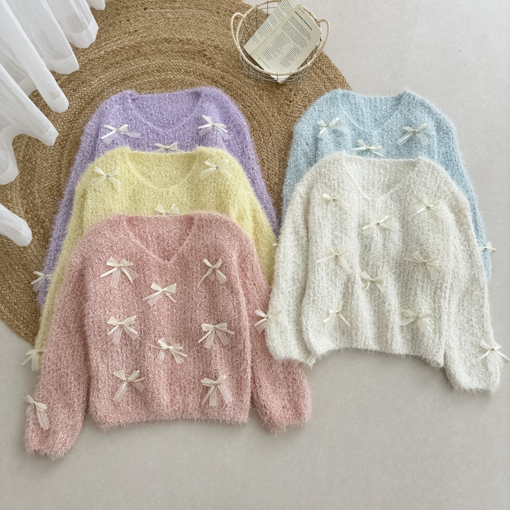 Sweet loose tops bow long sleeve sweater for women