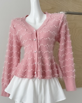 Pink knitted autumn tops slim long sleeve sweater