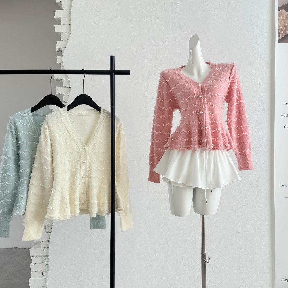 Pink knitted autumn tops slim long sleeve sweater