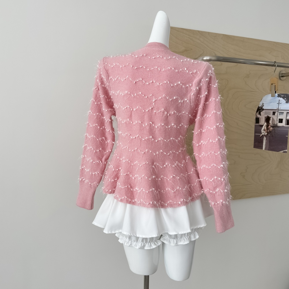 Pink knitted autumn tops slim long sleeve sweater