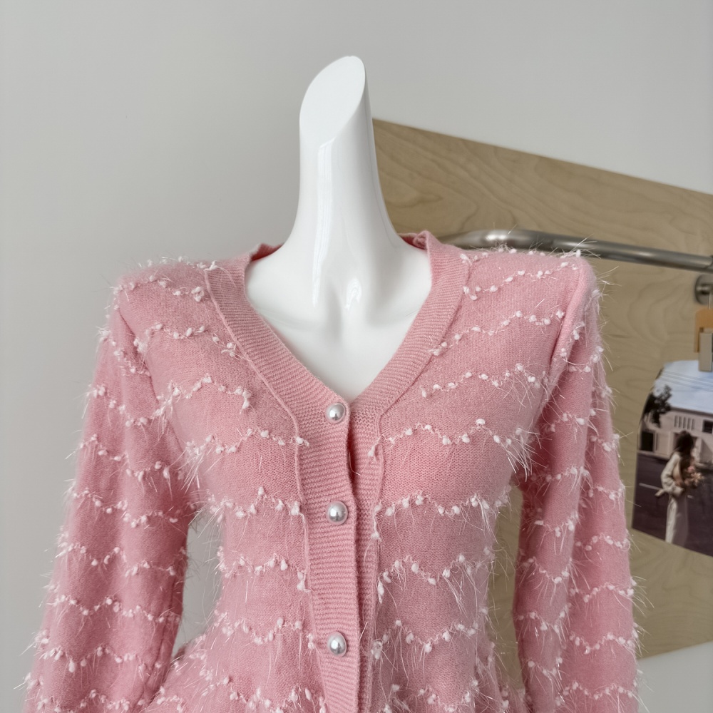 Pink knitted autumn tops slim long sleeve sweater
