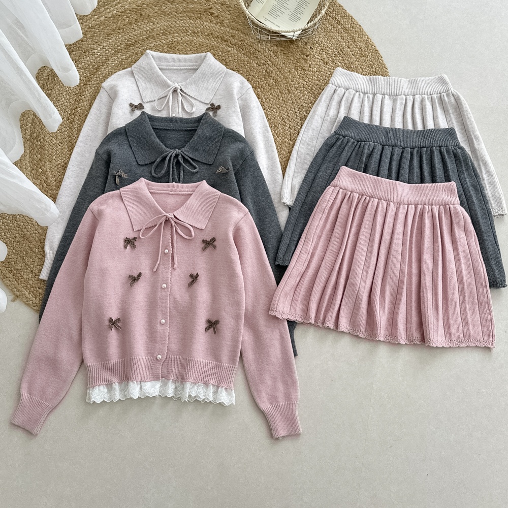 Bow short sweater Korean style lace cardigan 2pcs set