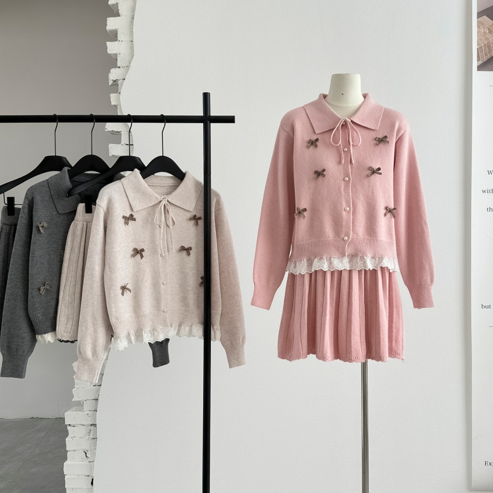 Bow short sweater Korean style lace cardigan 2pcs set