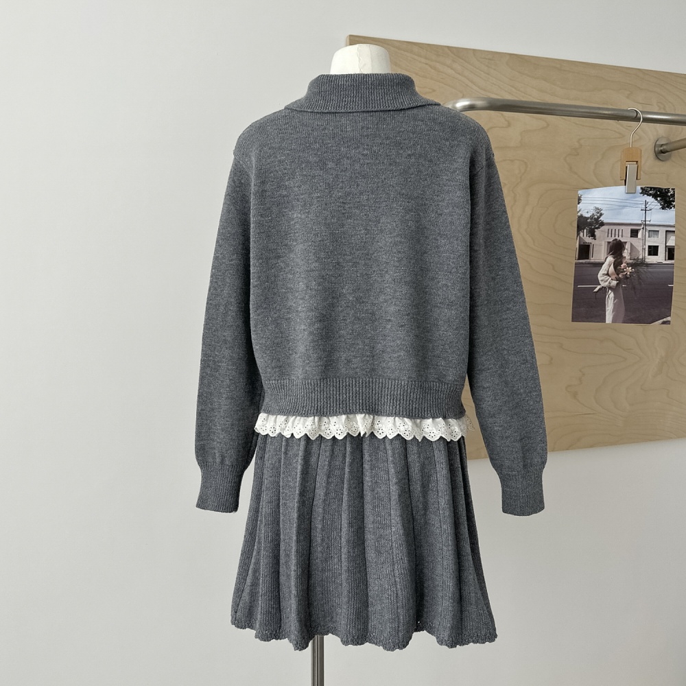 Bow short sweater Korean style lace cardigan 2pcs set