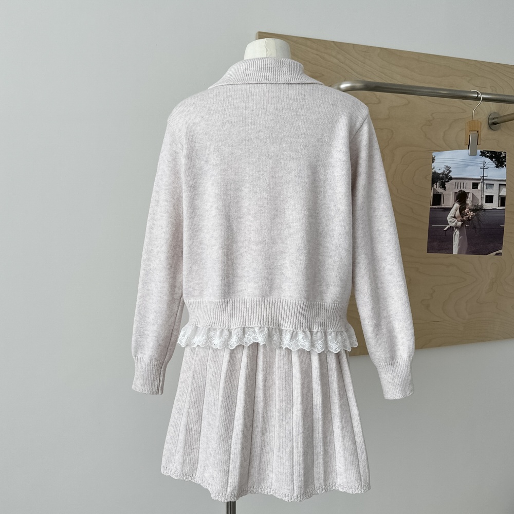Bow short sweater Korean style lace cardigan 2pcs set