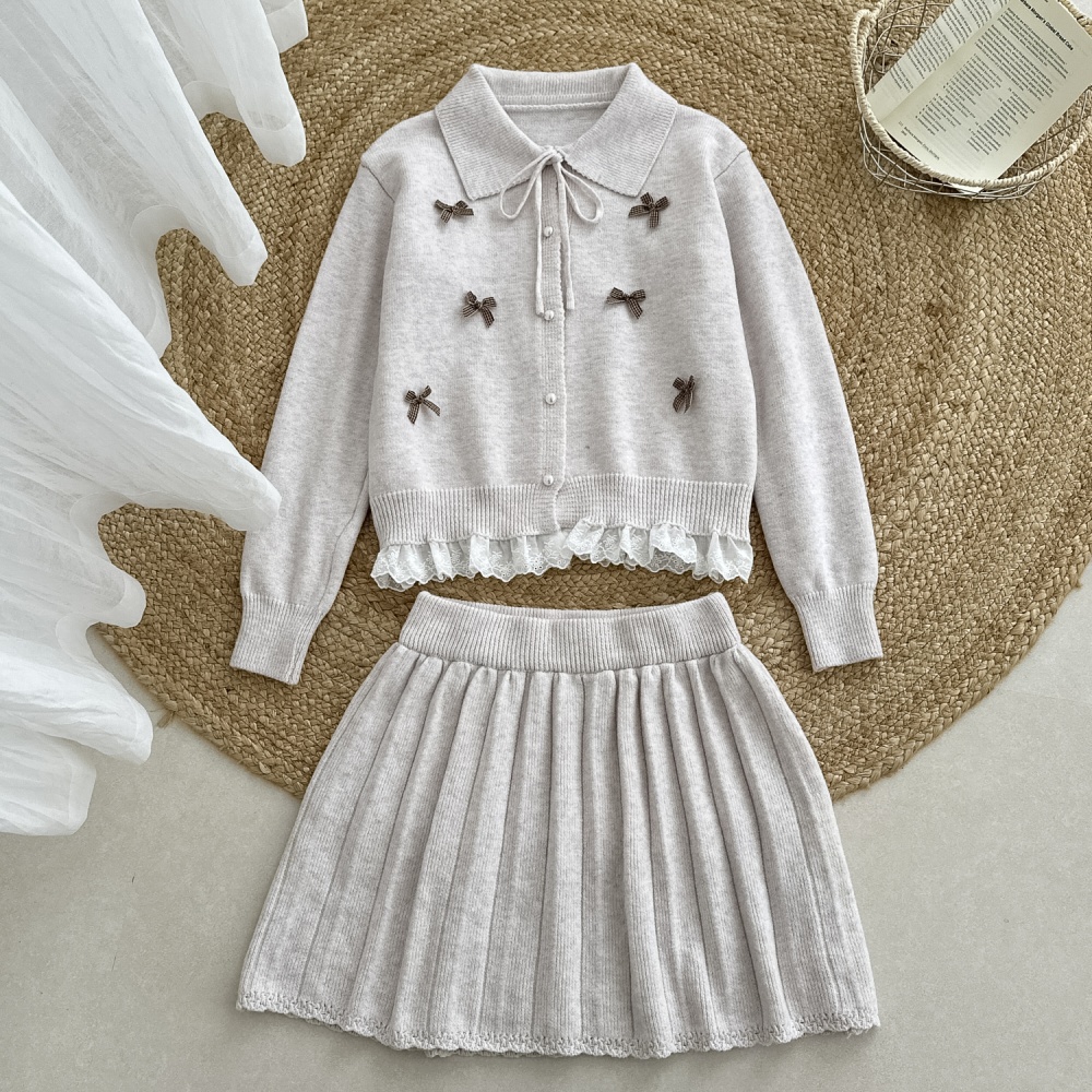 Bow short sweater Korean style lace cardigan 2pcs set