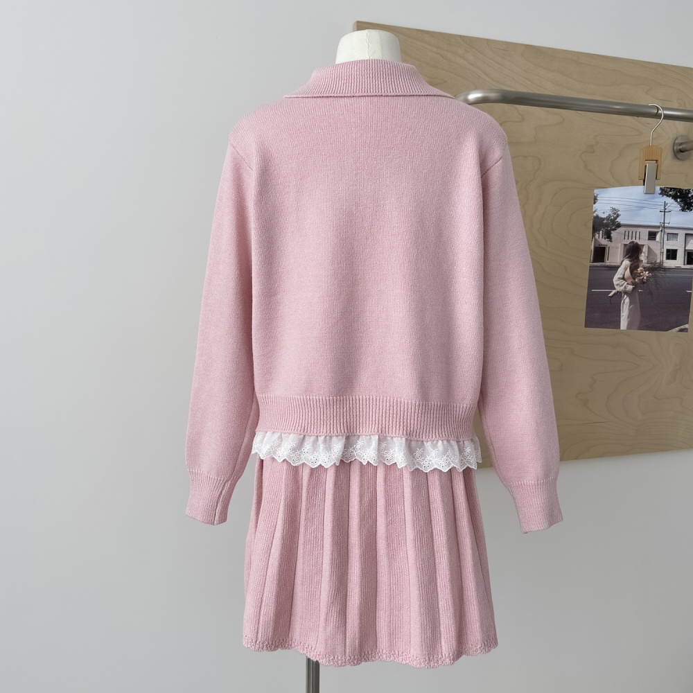 Bow short sweater Korean style lace cardigan 2pcs set