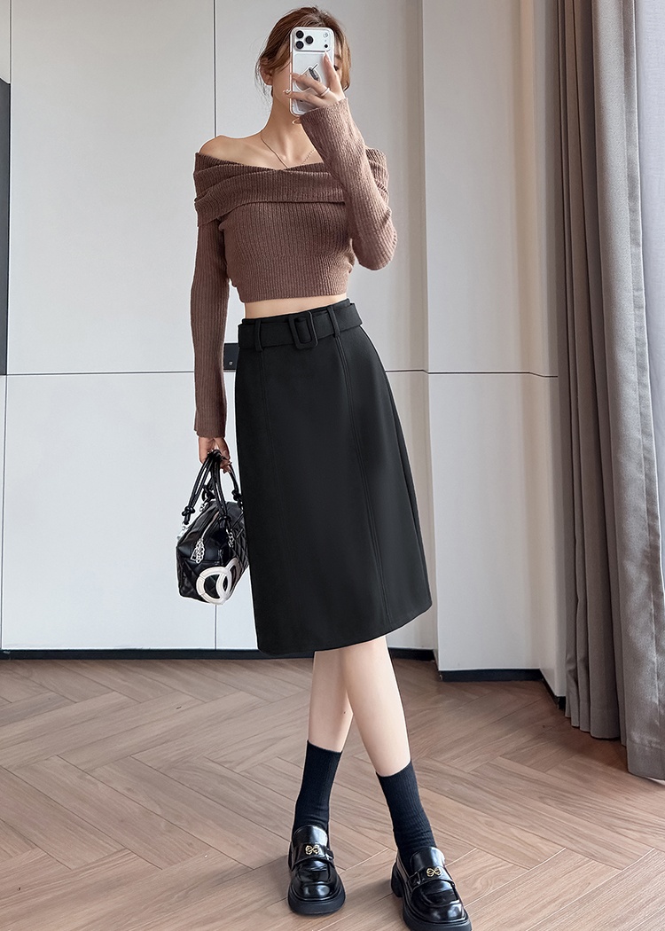 Slim temperament five tenths woolen skirt