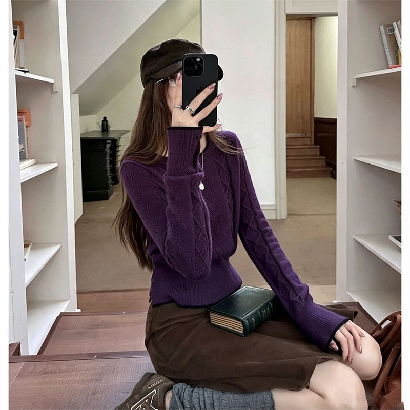 Hollow slim tops long sleeve sweater for women