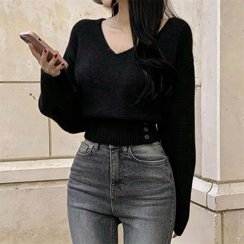 Autumn V-neck all-match pinched waist sweater for women