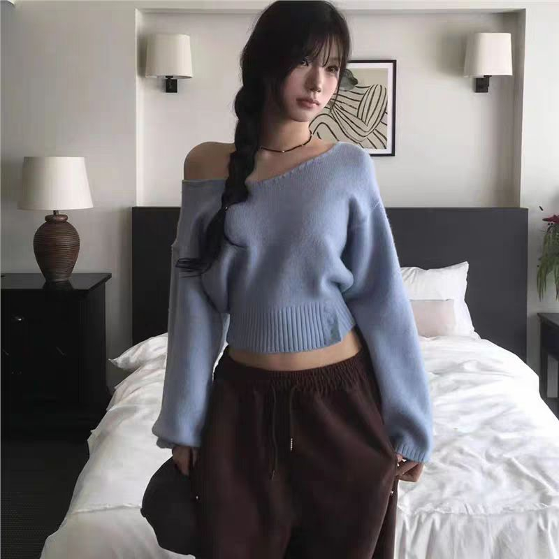 Autumn V-neck all-match pinched waist sweater for women