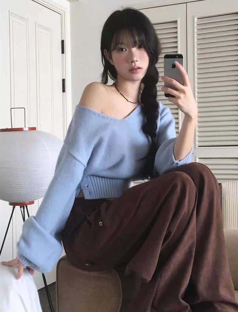 Autumn V-neck all-match pinched waist sweater for women