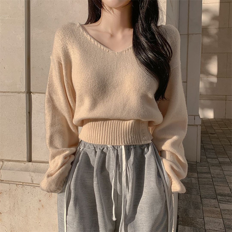 Autumn V-neck all-match pinched waist sweater for women