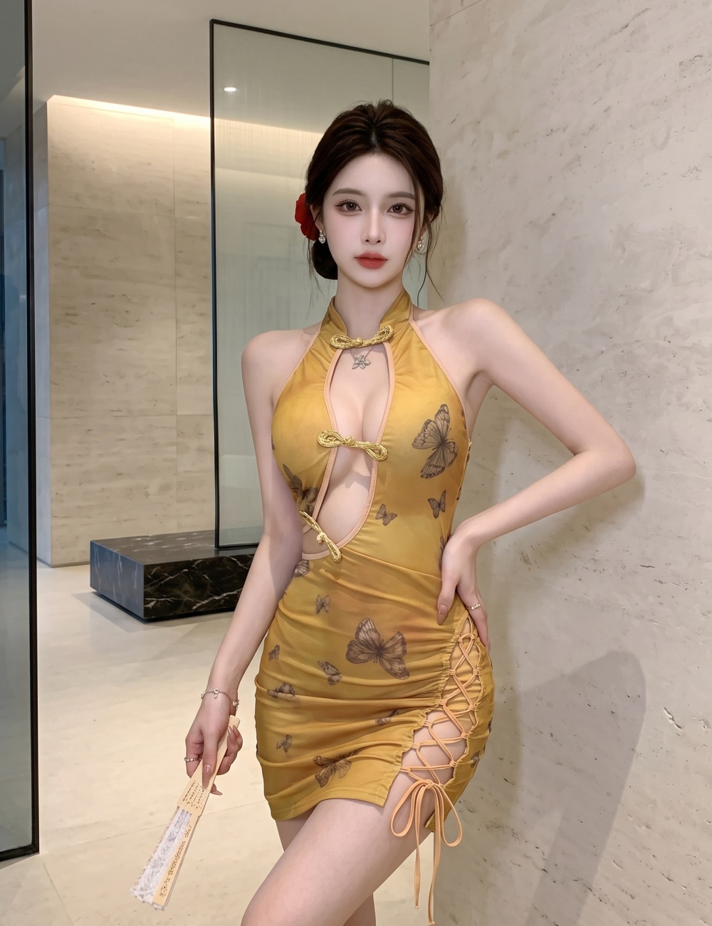Gauze enticement cheongsam perspective dress for women