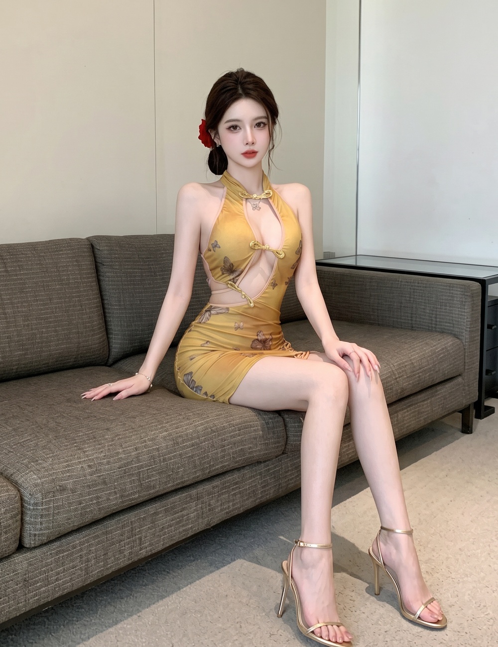 Gauze enticement cheongsam perspective dress for women