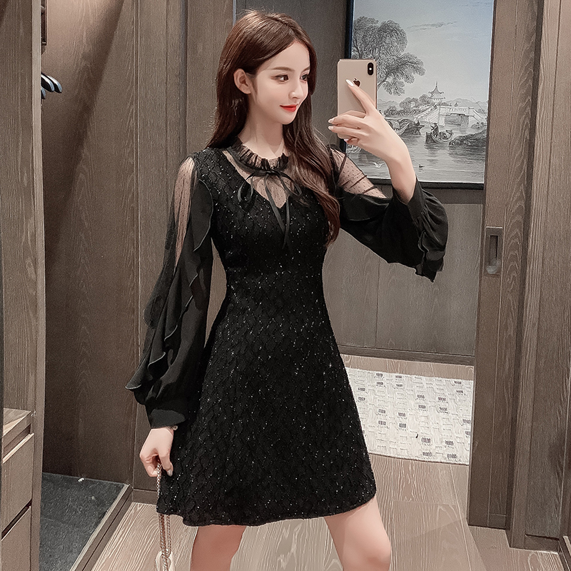 Slim autumn and winter lotus leaf edges splice dress