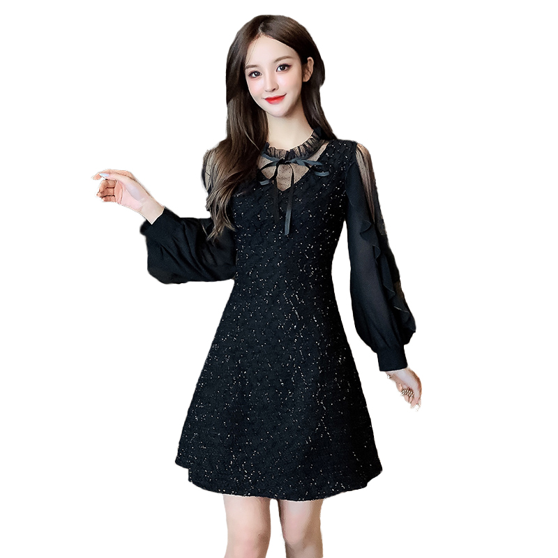 Slim autumn and winter lotus leaf edges splice dress