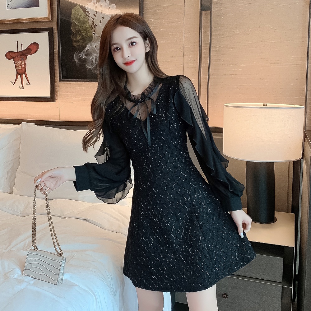 Slim autumn and winter lotus leaf edges splice dress