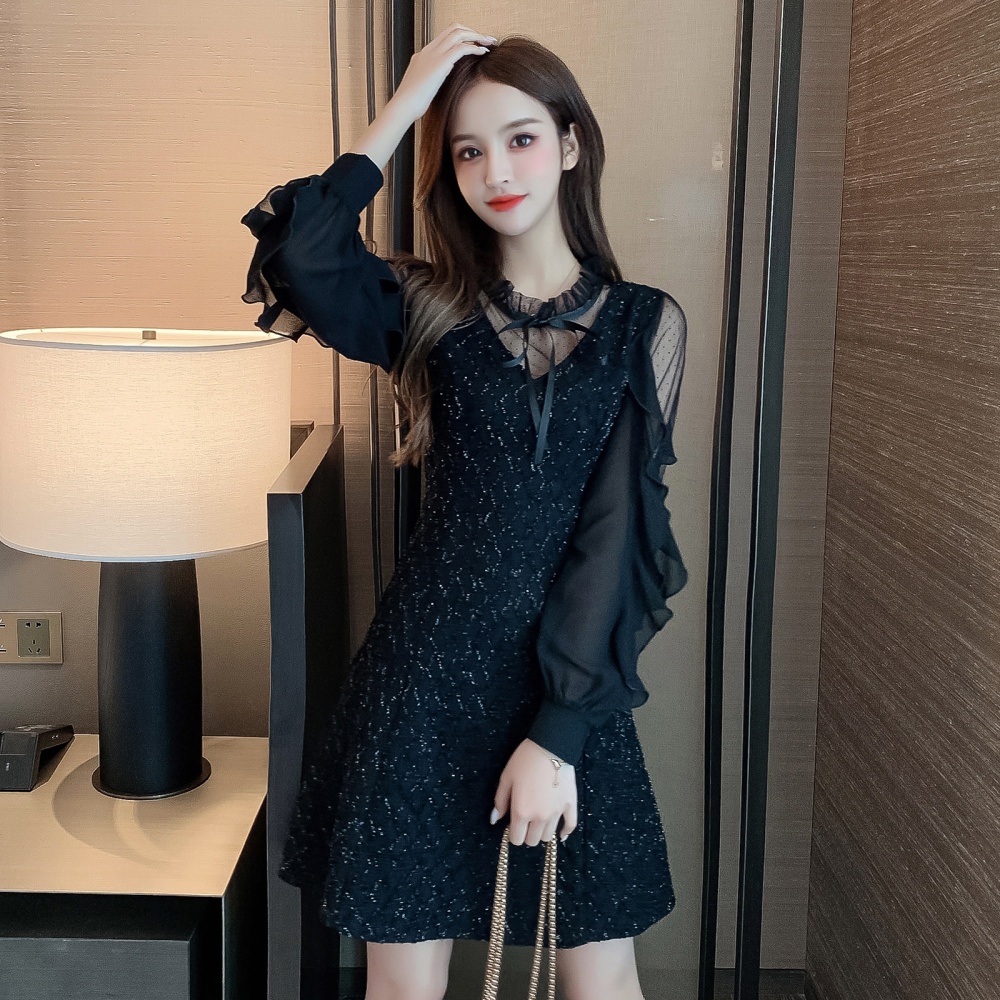Slim autumn and winter lotus leaf edges splice dress