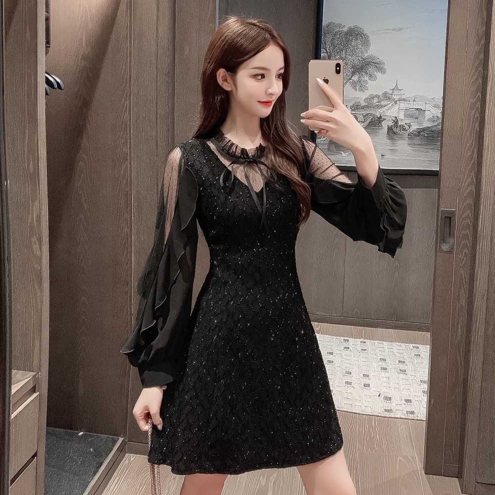 Slim autumn and winter lotus leaf edges splice dress