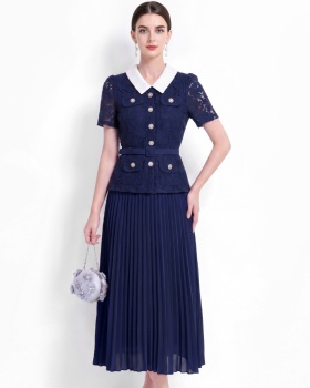 Sweet style long high waist lace Pseudo-two pleated dress