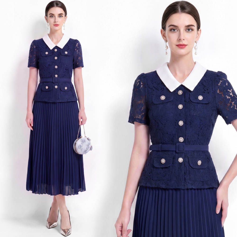 Sweet style long high waist lace Pseudo-two pleated dress
