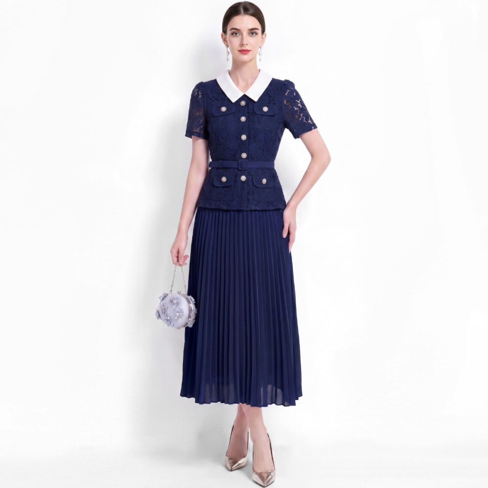 Sweet style long high waist lace Pseudo-two pleated dress