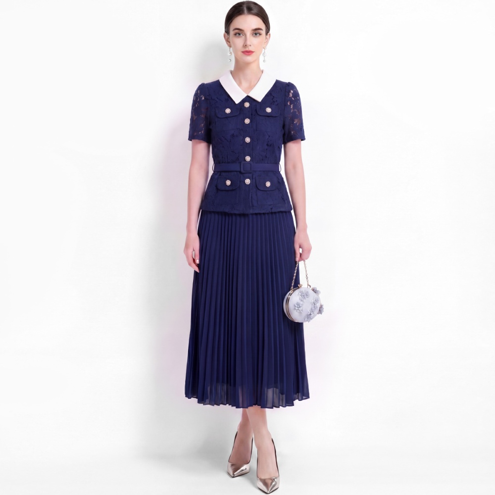 Sweet style long high waist lace Pseudo-two pleated dress