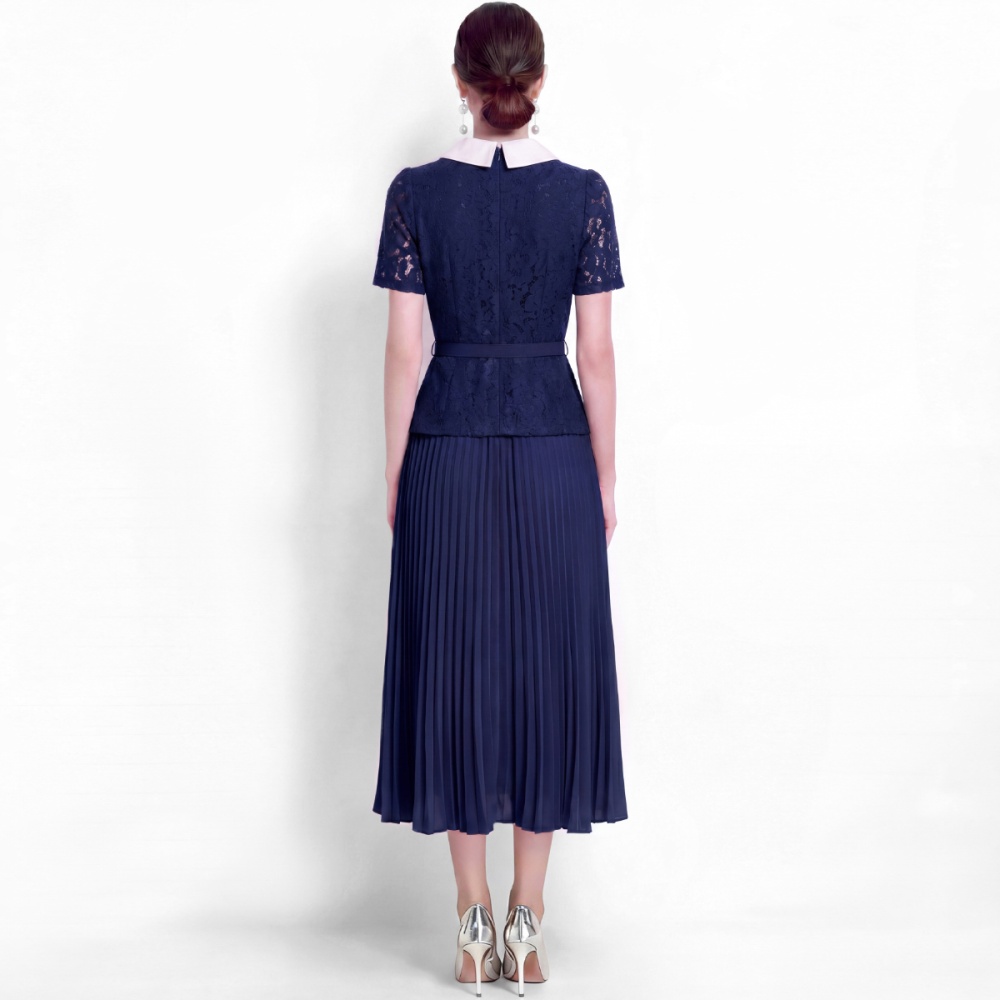 Sweet style long high waist lace Pseudo-two pleated dress