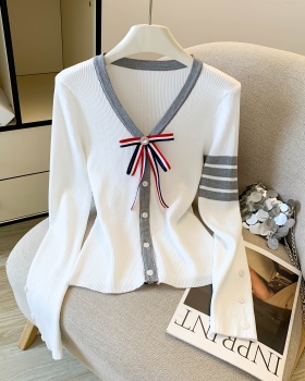 Slim stripe tops knitted bow cardigan for women