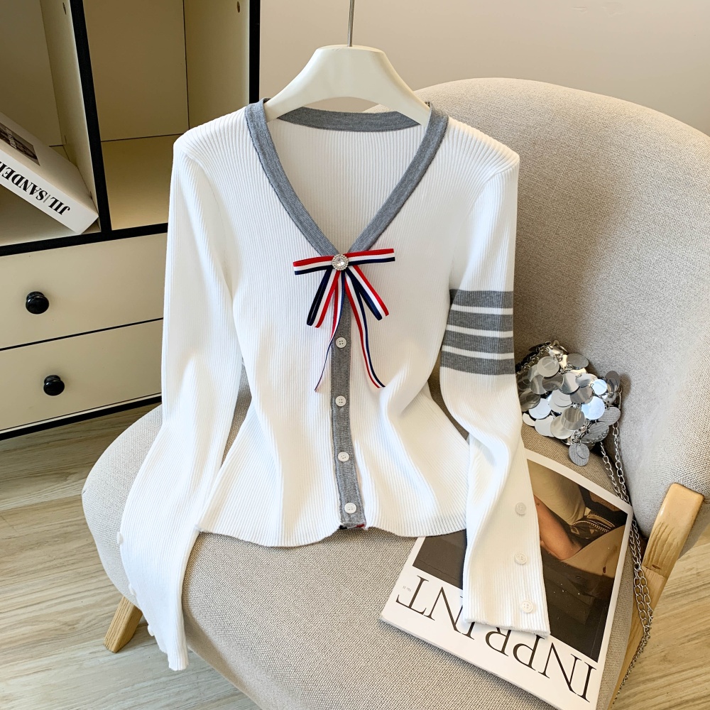 Slim stripe tops knitted bow cardigan for women