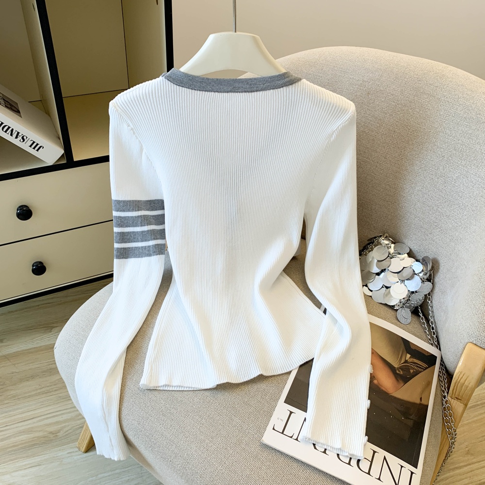 Slim stripe tops knitted bow cardigan for women