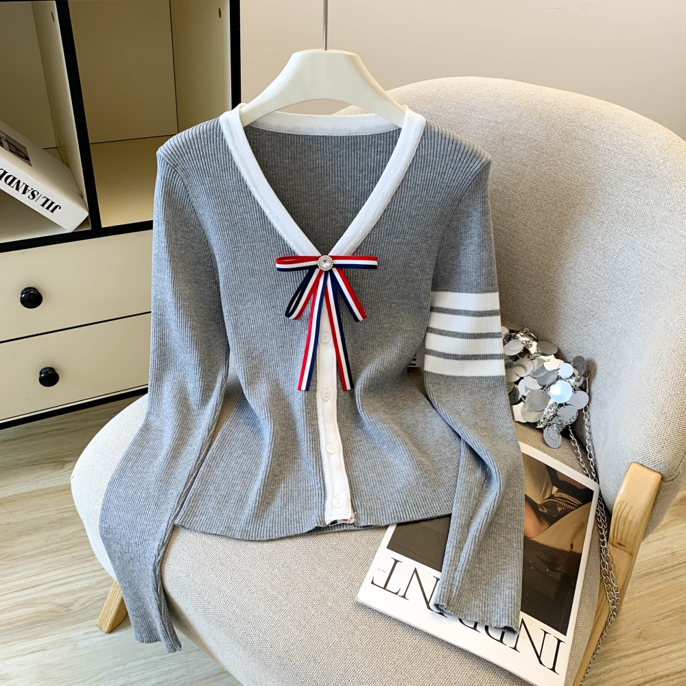 Slim stripe tops knitted bow cardigan for women