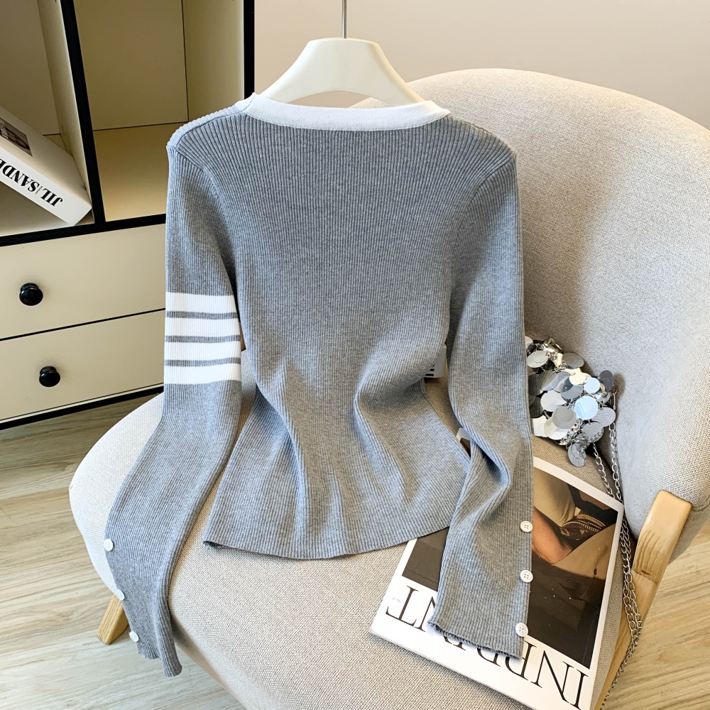 Slim stripe tops knitted bow cardigan for women