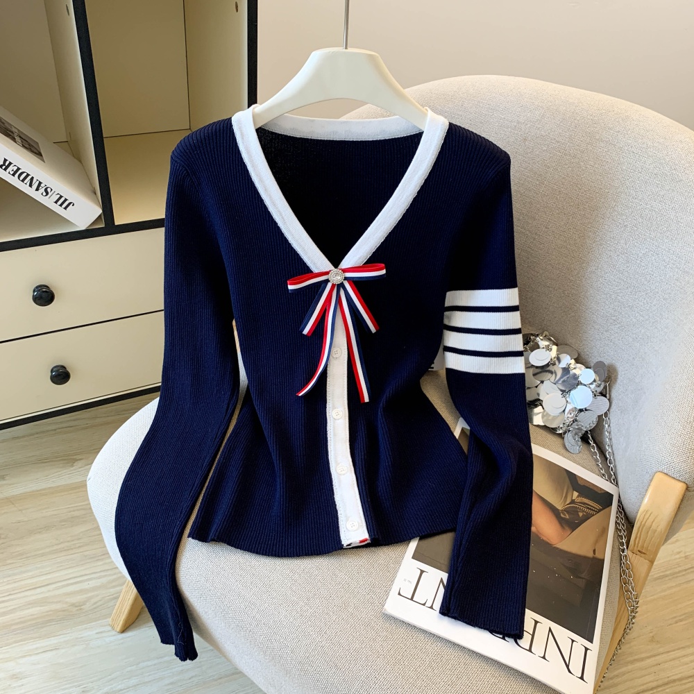 Slim stripe tops knitted bow cardigan for women