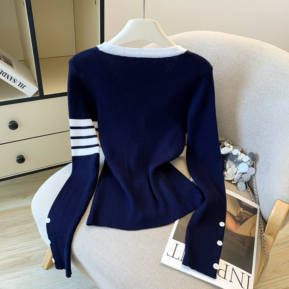 Slim stripe tops knitted bow cardigan for women