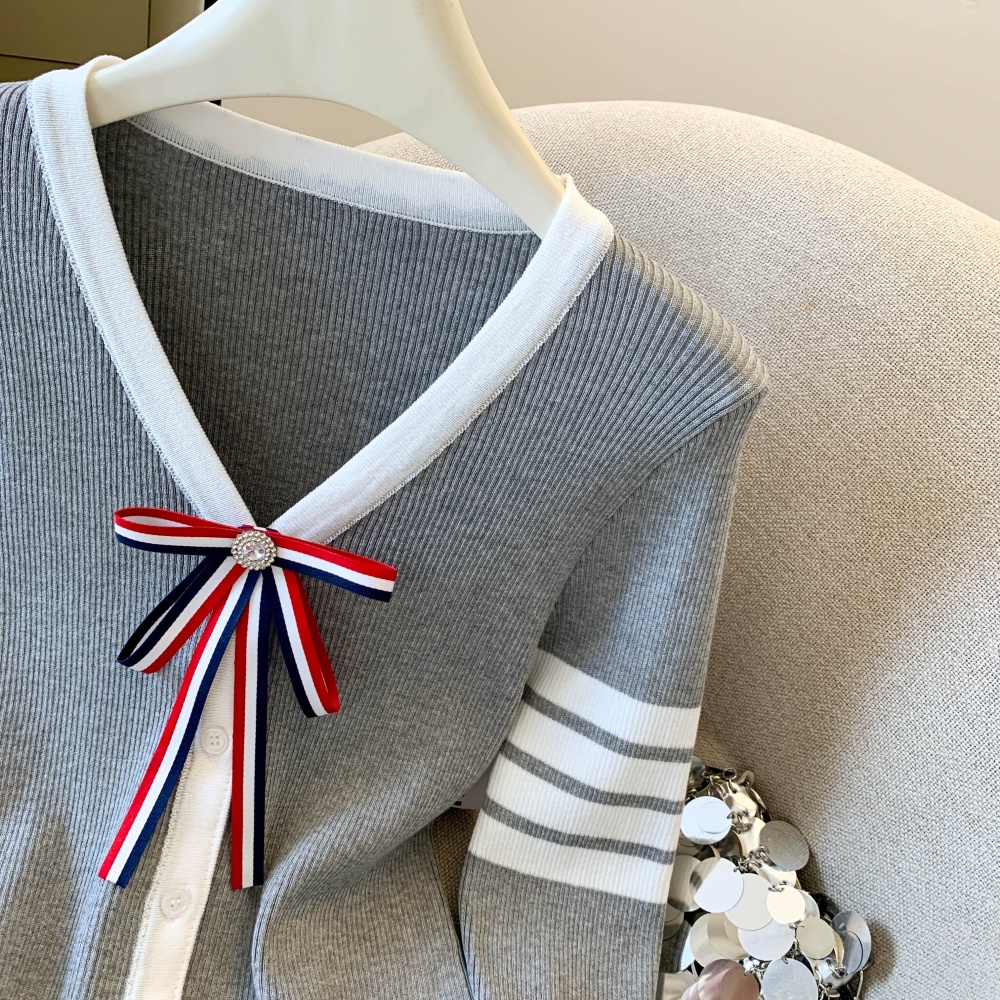 Slim stripe tops knitted bow cardigan for women
