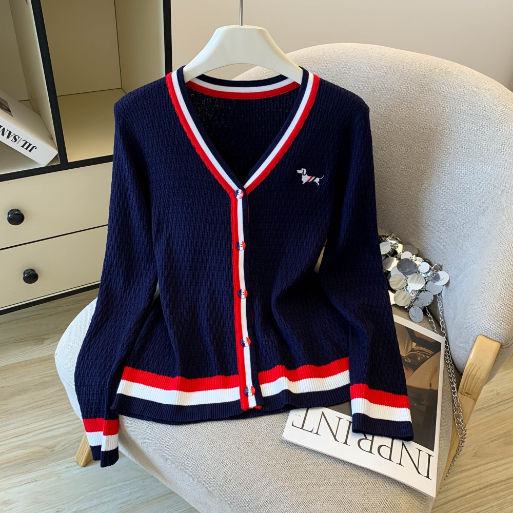 Stripe all-match coat embroidery puppy sweater for women