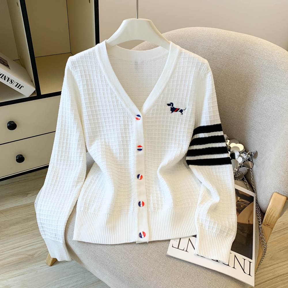 V-neck British style cardigan embroidery puppy tops