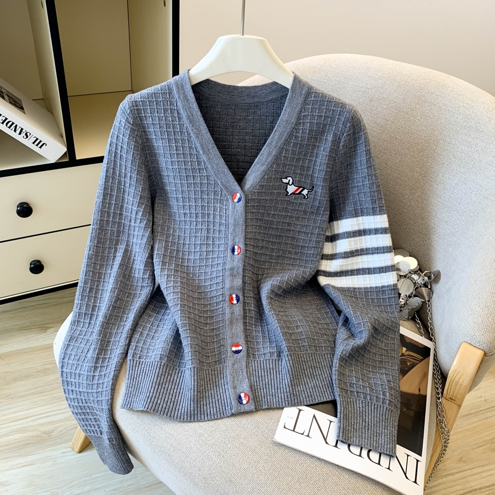 V-neck British style cardigan embroidery puppy tops