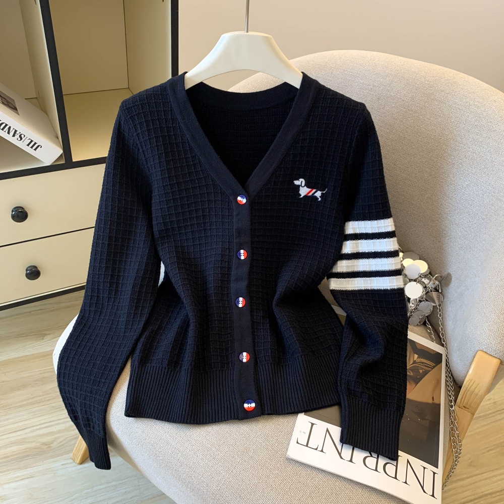 V-neck British style cardigan embroidery puppy tops