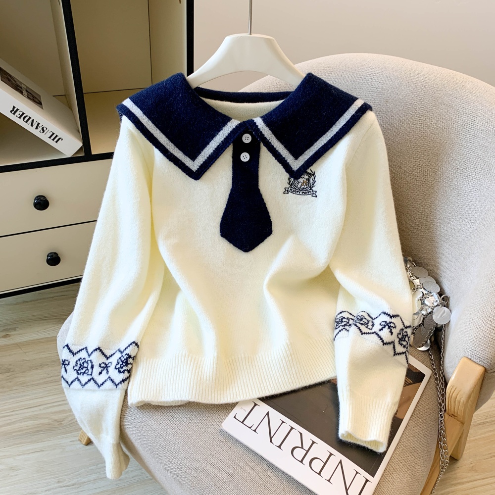 Navy collar cartoon lapel Korean style sweater for women