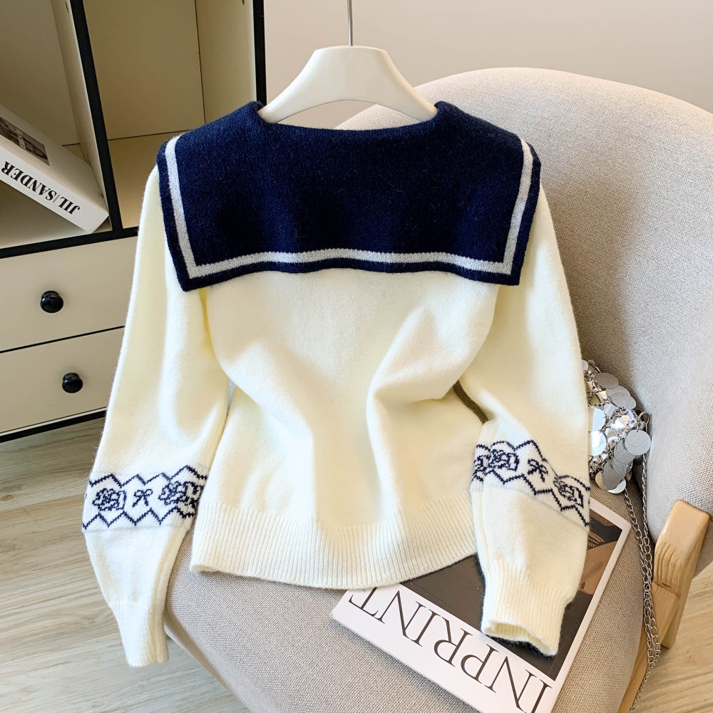 Navy collar cartoon lapel Korean style sweater for women