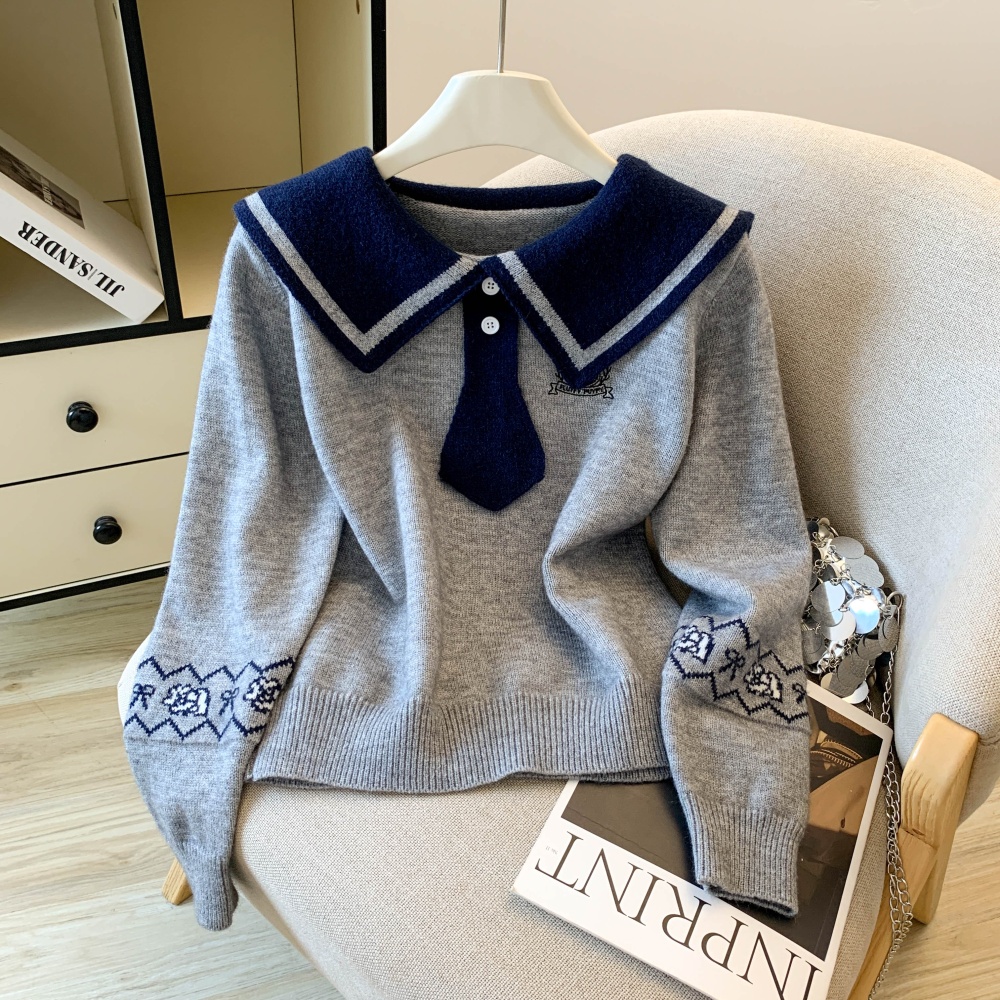 Navy collar cartoon lapel Korean style sweater for women