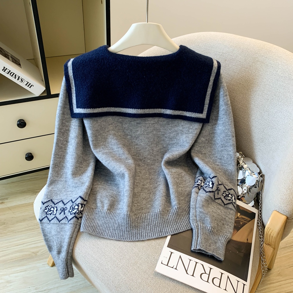 Navy collar cartoon lapel Korean style sweater for women