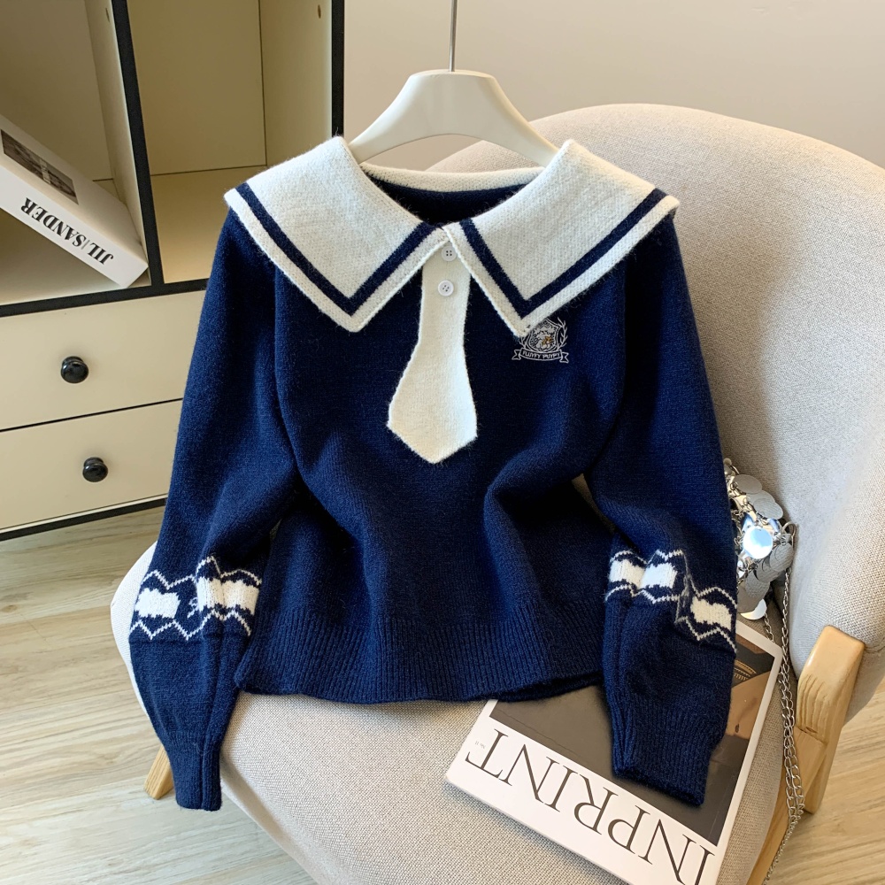 Navy collar cartoon lapel Korean style sweater for women