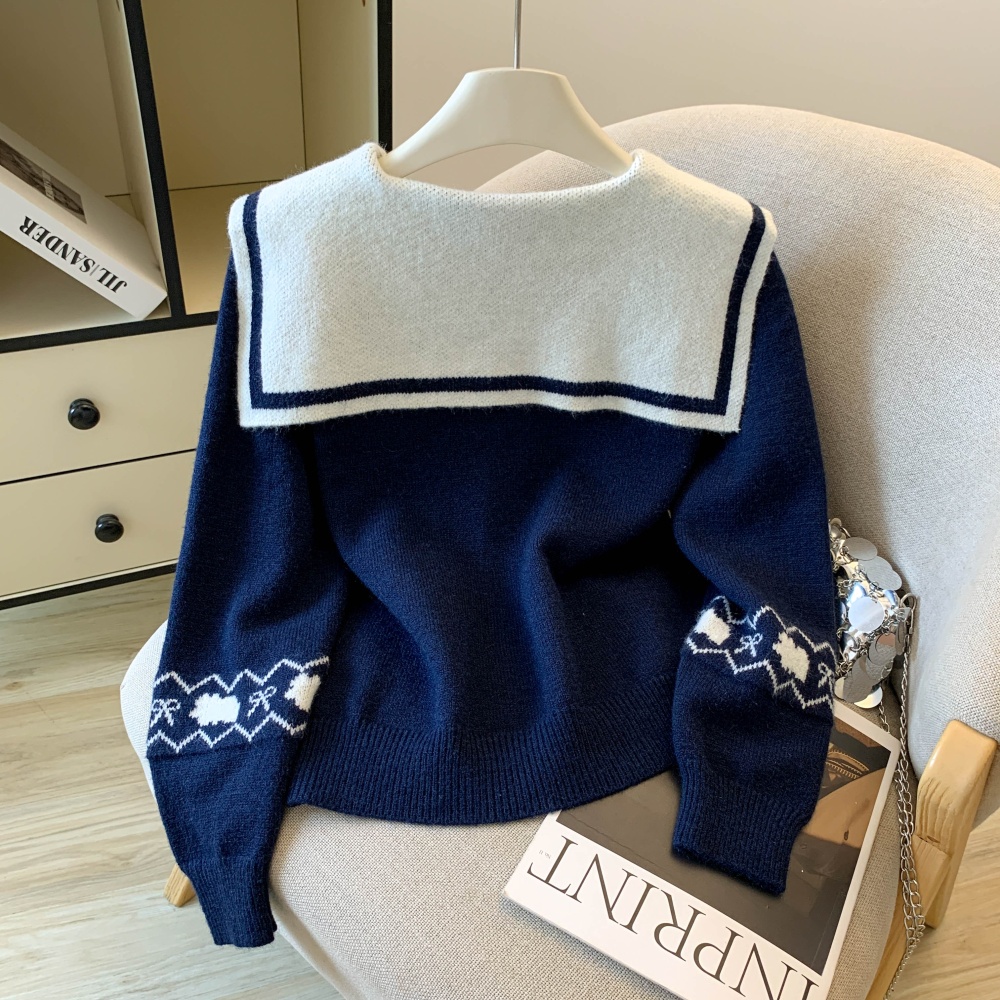 Navy collar cartoon lapel Korean style sweater for women